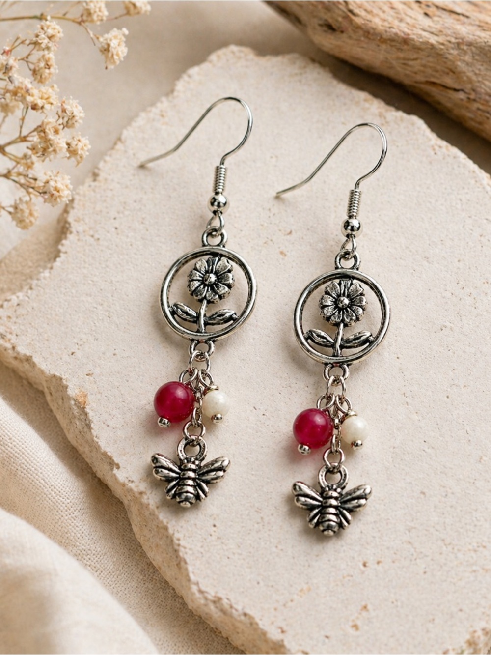 Bee & Flower Dangle Earrings, Silver Boho, Red Bead Drop